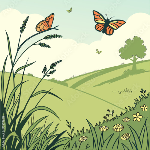 Vibrant orange butterflies flutter gracefully over rolling green hills and wildflowers on a sunny day