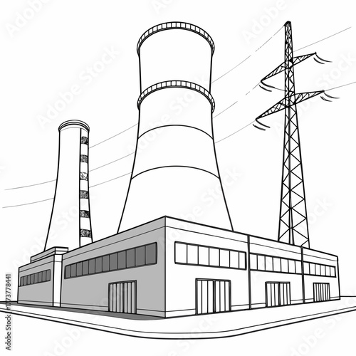 Industrial power plant with cooling towers and electricity pylon on a white background line art illustration