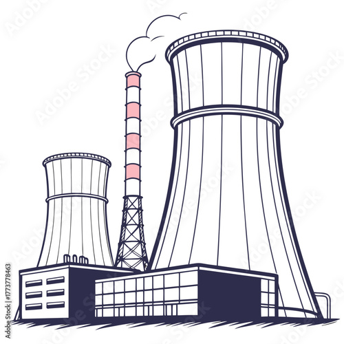 Stylized illustration of a power plant with cooling towers and a smokestack emitting steam on a white background
