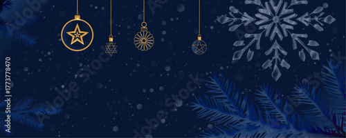 A dark blue christmas background features golden ornaments hanging above, a snowflake on the right, and blue-tinted pine branches at the bottom, creating a festive and elegant winter scene.