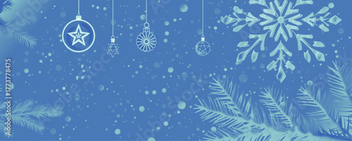 A serene blue winter scene with delicate ornaments, a large snowflake, and frosted pine branches, all bathed in a gentle snowfall effect. Perfect for holiday backgrounds.