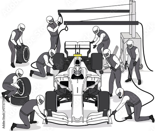 A highly skilled and synchronized pit team efficiently services a high-performance, open-wheel Formula One racing car during a critical pit stop, demonstrating teamwork.