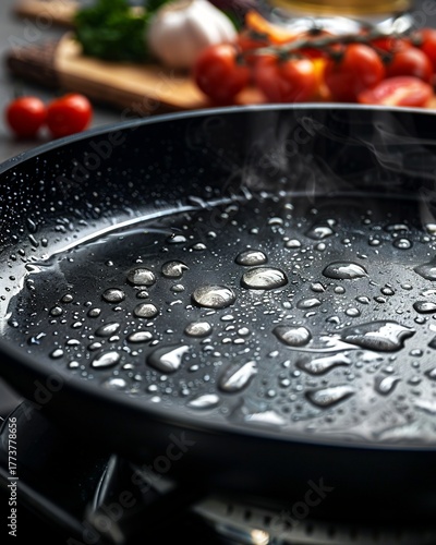 Close up of a black frying pan with water droplets and blurred tomatoes and garlic in background
