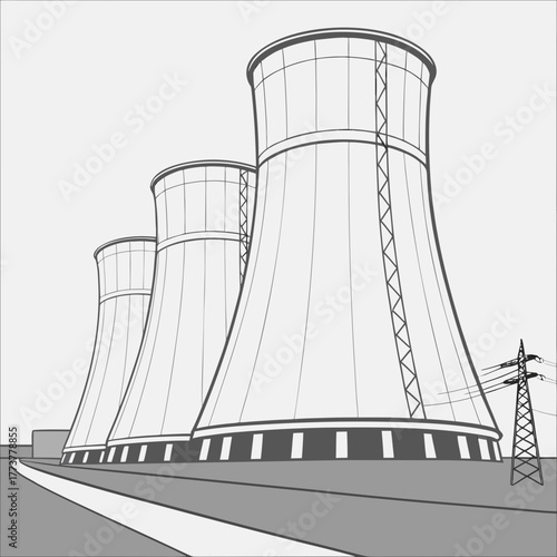 Three large industrial cooling towers in a row with power lines and a road leading towards them