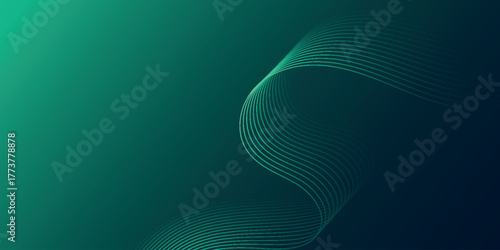 Dark green gradient abstract background with glowing green wavy lines decoration. Background concept with modern and futuristic curved lines design for covers, banners, certificates, websites.