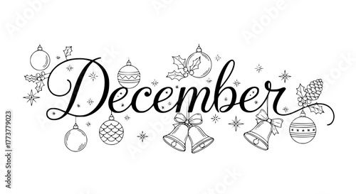 Vector of the word “December” decorated with Christmas ornaments and stars, elegant line art style