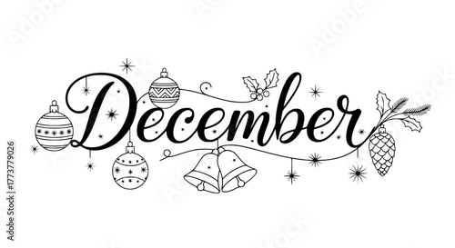 Vector of the word “December” decorated with Christmas ornaments and stars, elegant line art style