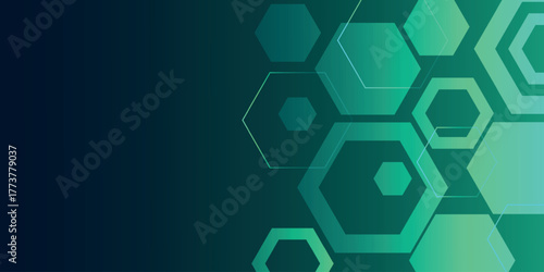 Dark green gradient abstract background with overlapping hexagon geometric lines decoration. Background concept with modern and futuristic hexagon shape design for cover, banner, certificate, website.