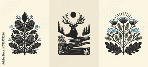 Merry Christmas and Happy New Year illustration, for greeting cards, posters, holiday covers. Xmas festive linocut black hand drawn.