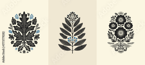 Merry Christmas and Happy New Year illustration, for greeting cards, posters, holiday covers. Xmas festive linocut black hand drawn.