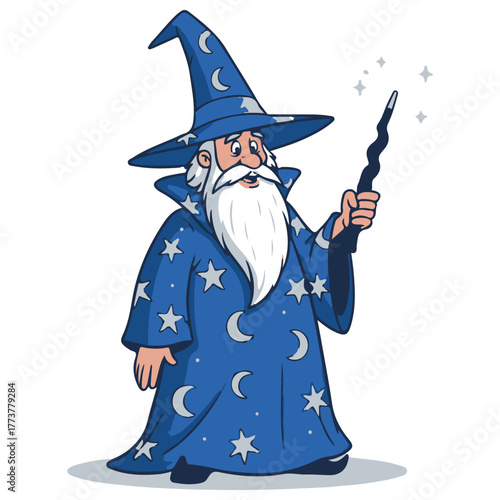 Cartoon Wizard Character in Blue Robe and Hat with Magic Wand