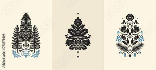 Merry Christmas and Happy New Year illustration, for greeting cards, posters, holiday covers. Xmas festive linocut black hand drawn.