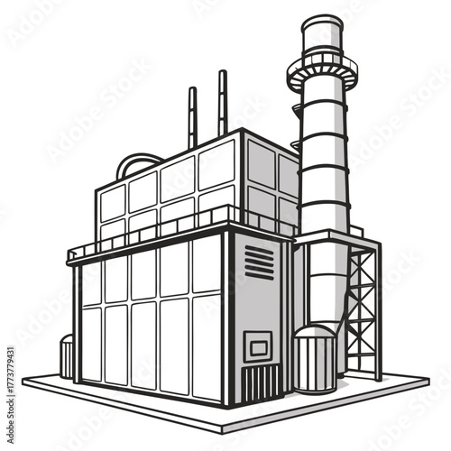 Industrial factory building with tall smokestack and multiple chimneys in a clean line art style