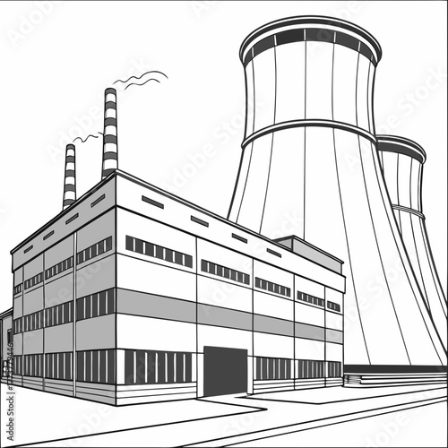 Industrial power plant with large cooling towers and smokestacks emitting steam against a white background