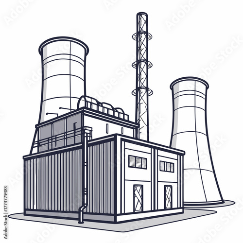 Industrial power plant with cooling towers and a tall smokestack in a stylized line drawing