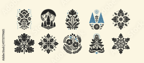 Merry Christmas and Happy New Year illustration, for greeting cards, posters, holiday covers. Xmas festive linocut black hand drawn.