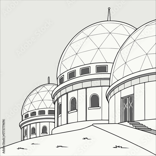 Modern observatory domes with geometric patterns on a hill under a clear sky in a minimalist line art style