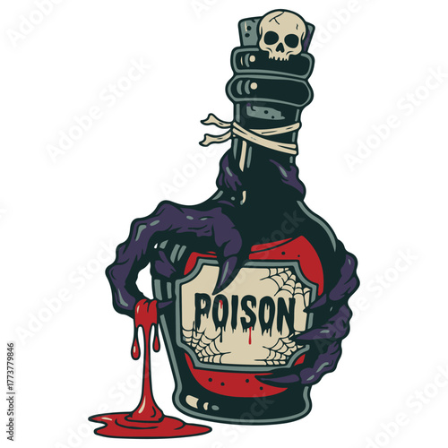 Creepy Poison Bottle Design with Skull Stopper and Monster Hand