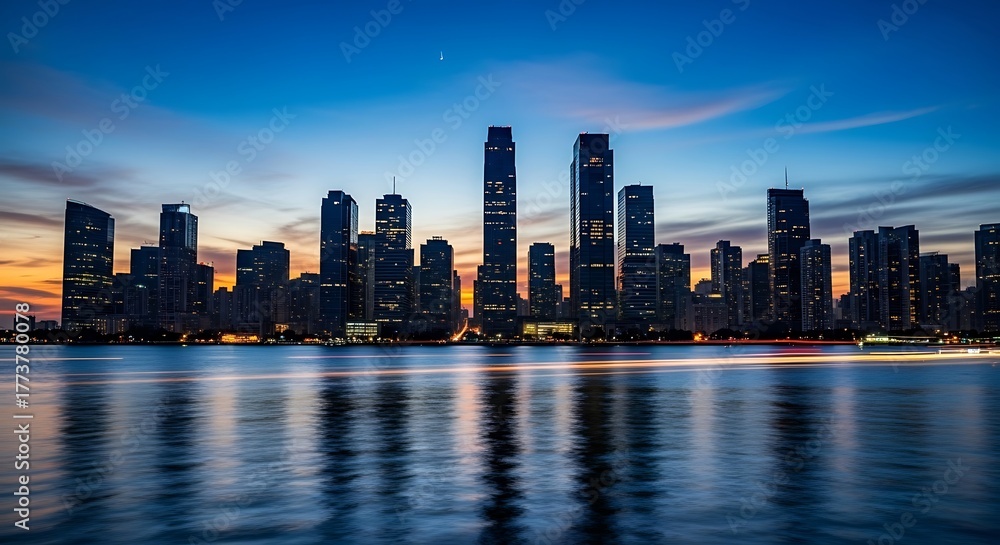Fototapeta premium Chicago Skyline at Sunset A Majestic Urban Panorama Against a Blue Background