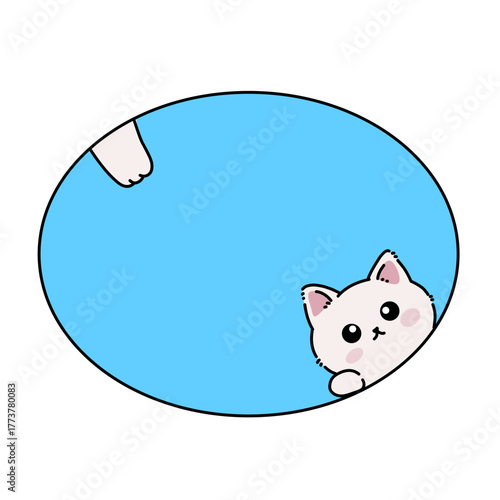 Cute cat peeking out of a blue circle bubble text background, minimalist cartoon design perfect for icons, avatars, or logos.