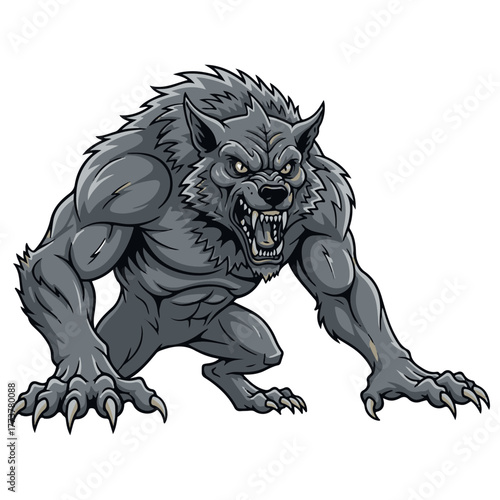 Muscular Gray Werewolf Illustration with Fangs and Claws on White
