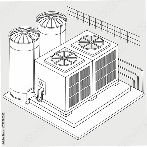 Isometric line art illustration of industrial air conditioning units and large cylindrical tanks on a platform