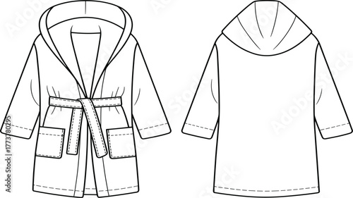 Hooded Bathrobe Technical Flat Sketch Template for Fashion Design, Terry Cloth Robe Outline Vector Illustration with Belt and Pockets, Front and Back CAD Drawing.