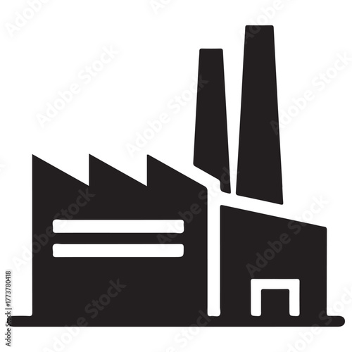 Minimalist Black Factory Icon with Smokestacks and Sawtooth Roof