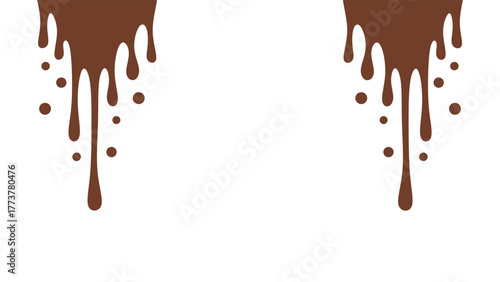 Melted chocolate or syrup drips isolated on a white background. Flowing liquid chocolate border element. A sweet brown syrup or sauce that melts and drips.