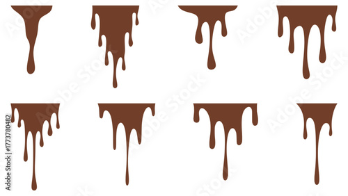 Set melted chocolate drops. Set dripping chocolate, caramel, or honey liquid. Minimalist melted chocolate drip set. Collection of melted chocolate liquid elements isolated on white background.