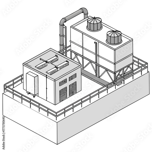 Isometric illustration of industrial building rooftop hvac equipment including cooling towers and ventilation units