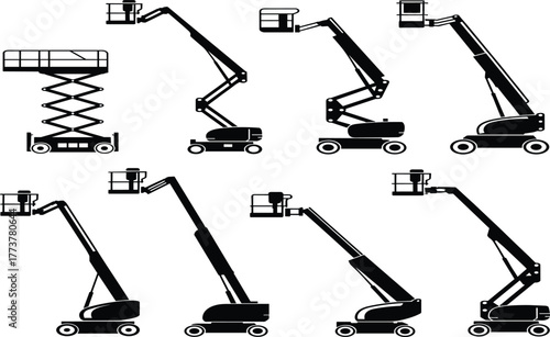 Aerial Work Platform Silhouette Vector Set, Boom Lift, Scissor Lift, and Elevated Platform Equipment, Construction and Maintenance Machinery Graphic Icons Collection.
