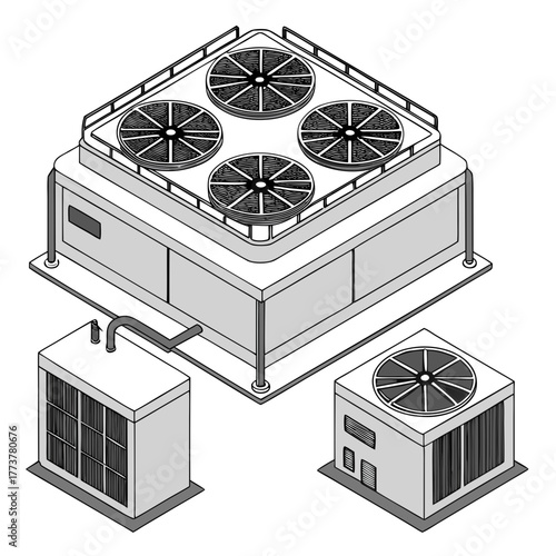 Isometric illustration of commercial rooftop air conditioning units and outdoor hvac condenser units with fans