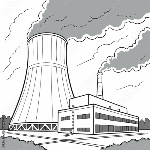 Stylized black and white illustration of a large industrial power plant with a cooling tower emitting steam and a smokestack releasing smoke