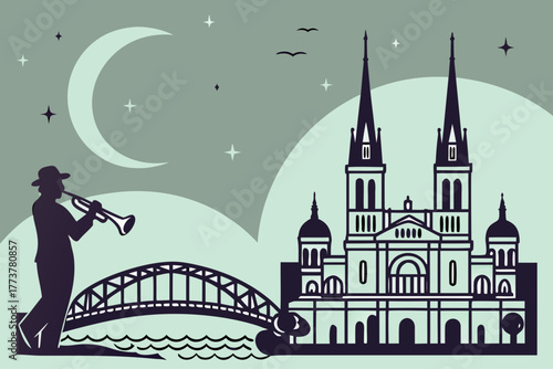 Flat design of New Orleans skyline jazz minimal night tone
