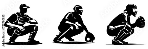 Baseball catchers in action ready to play focused on the game.