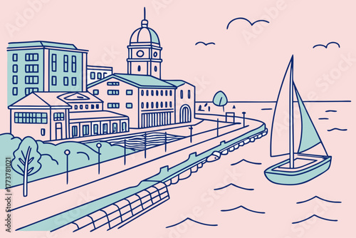 Minimalist Mobile skyline harbor pastel poster
