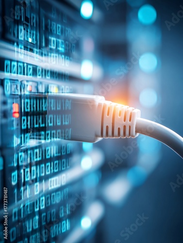 double exposure art. A close-up of a power cord being plugged into a server, symbolizing connecting to the data center. The cord and connection are dissolved into streaming binary code and abstract 
