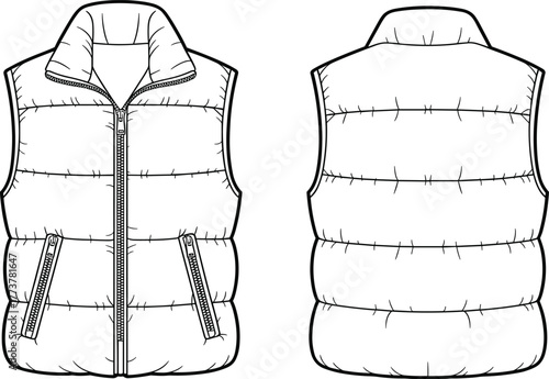 Puffer Vest Technical Flat Sketch Template for Apparel Design, Quilted Insulated Sleeveless Jacket Outline Vector with Stand Collar and Zippers, Front and Back CAD.