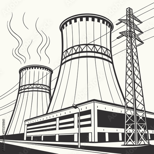 Industrial power plant with two large cooling towers and a tall electricity pylon against a light background