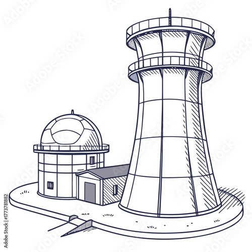 Hand drawn sketch of a cooling tower and observatory building with a small connected structure