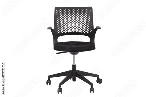 Sleek Black front Rolling Chair for Home Office Use Contemporary Study Chair with Breathable Perforated Design Adjustable Task Chair with Padded Seat and Arm Support.
