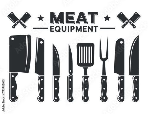 Meat Equipment Vector Set Butcher Knives Spatula Fork Isolated Professional