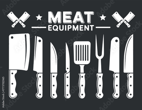 Meat Equipment Vector Set White On Dark Butcher Knives Spatula Fork