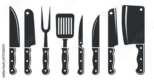 Meat Equipment Vector Set Butcher Knives Spatula Fork Minimal Black