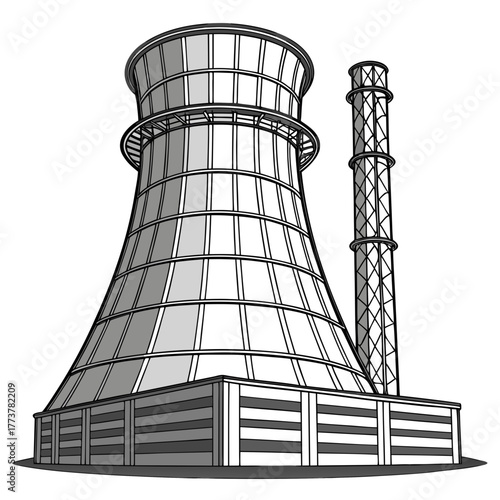 Stylized illustration of a modern industrial cooling tower and smokestack against a white background