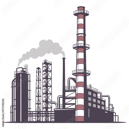Industrial factory complex with tall smokestacks emitting smoke against a white background illustration
