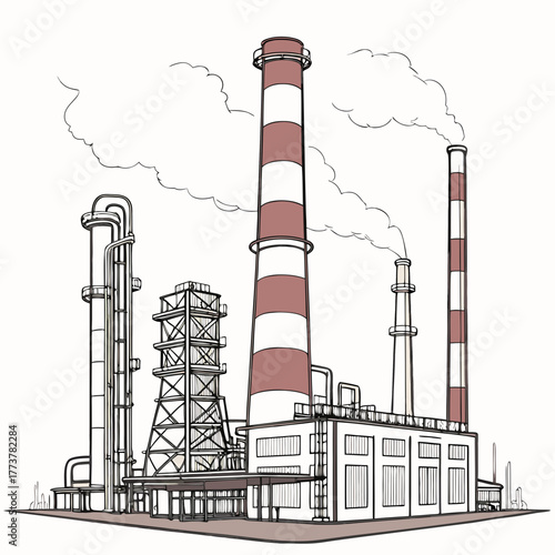 Industrial factory complex with tall smokestacks emitting smoke against a light background industrial architecture illustration