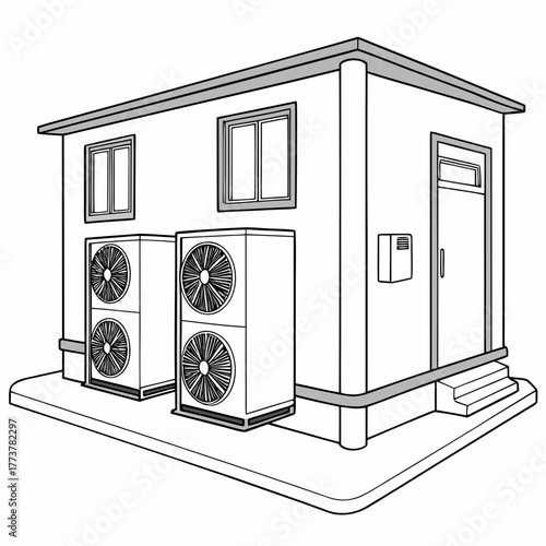 Illustration of a small building with multiple outdoor air conditioning units installed on the exterior wall