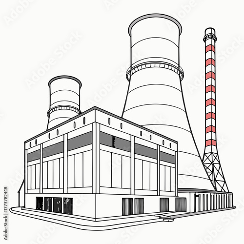 Industrial power plant with cooling towers and a smokestack illustration on a white background
